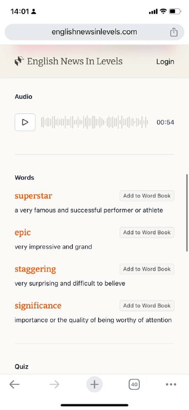 一个非常好用的英语学习网站，将新闻分成了英语学习的等级，适合不同基础的，并且支持下载为pdf，离线学习～